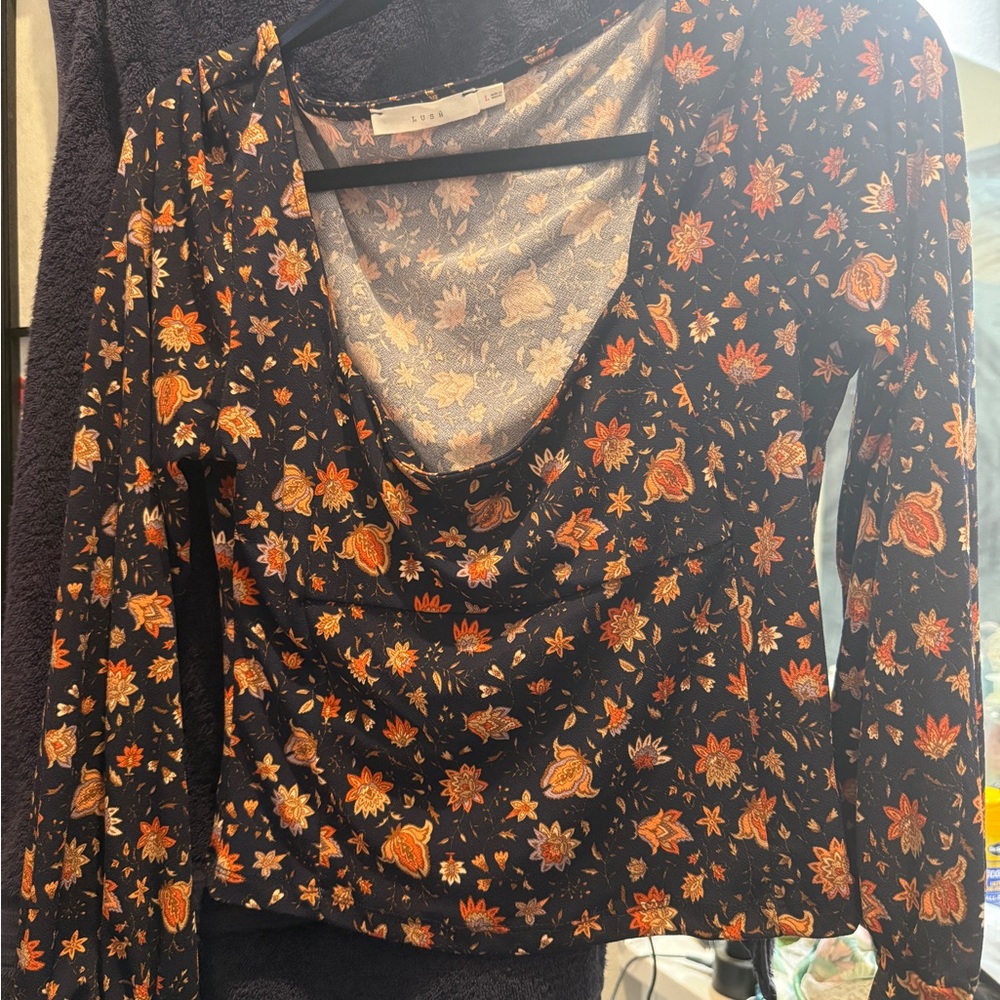 NWOT Lush Floral Blouse - Black and Orange